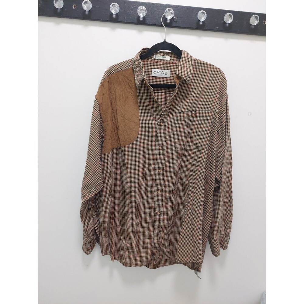 Orvis Button Down Houndstooth Hunting Shirt With Recoil Pad Size Large Tan